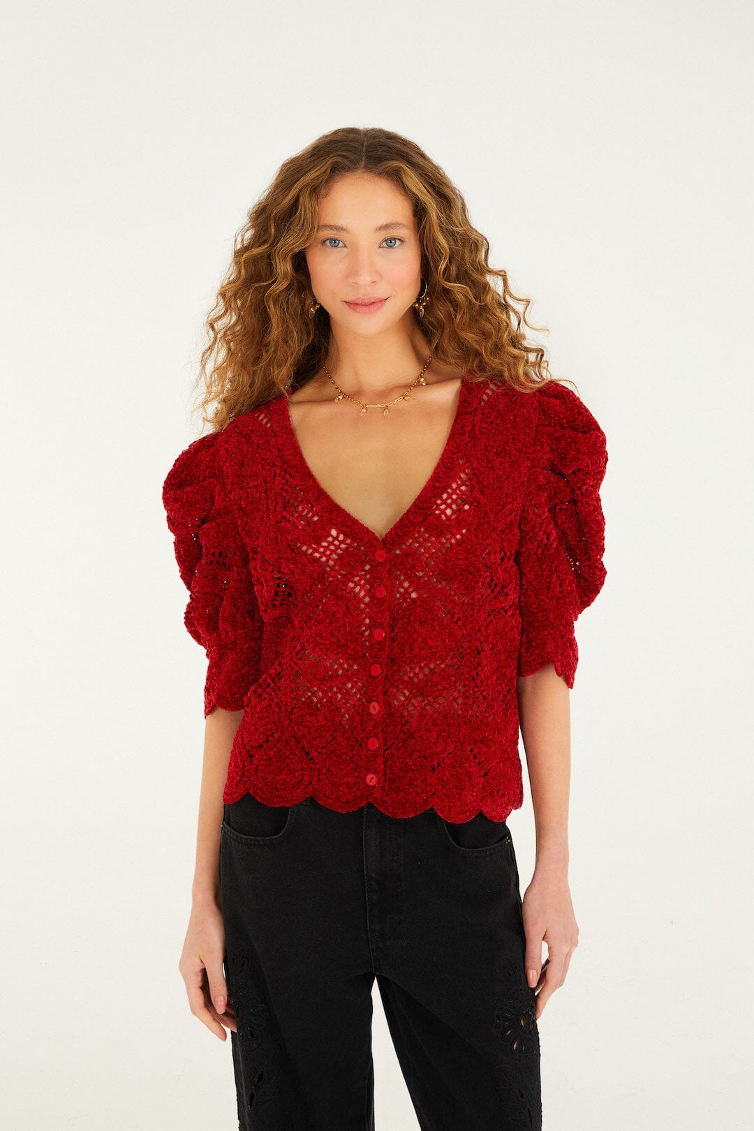 Red Rococo Hearts Puff Sleeve Crochet Cardigan - FARM Rio RED