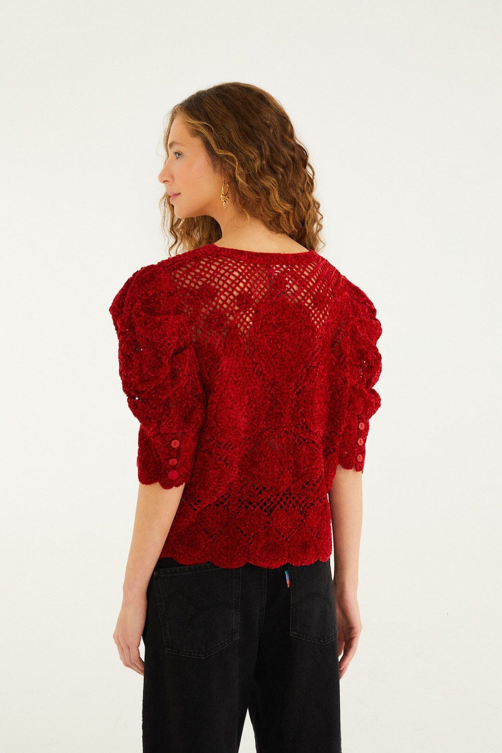 Red Rococo Hearts Puff Sleeve Crochet Cardigan - FARM Rio RED